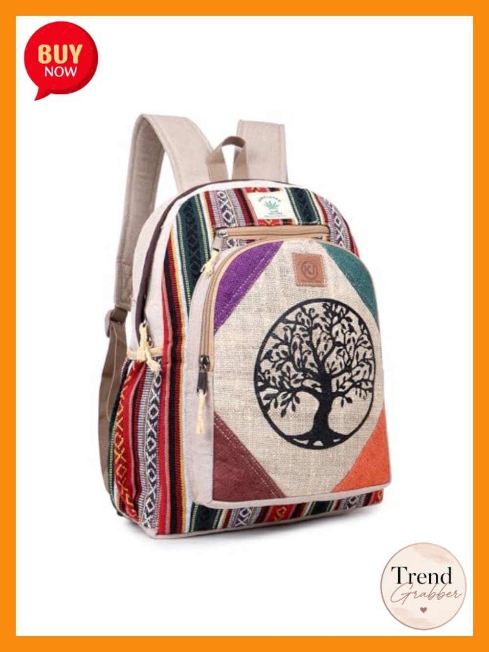 Handmade Hemp Cotton Boho Backpack with Pockets, Adjustable Straps, Large